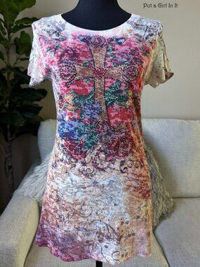 Vocal Apparel Women's Crystal Cross Heart Rose Sublimation Burnout Shirt L XL